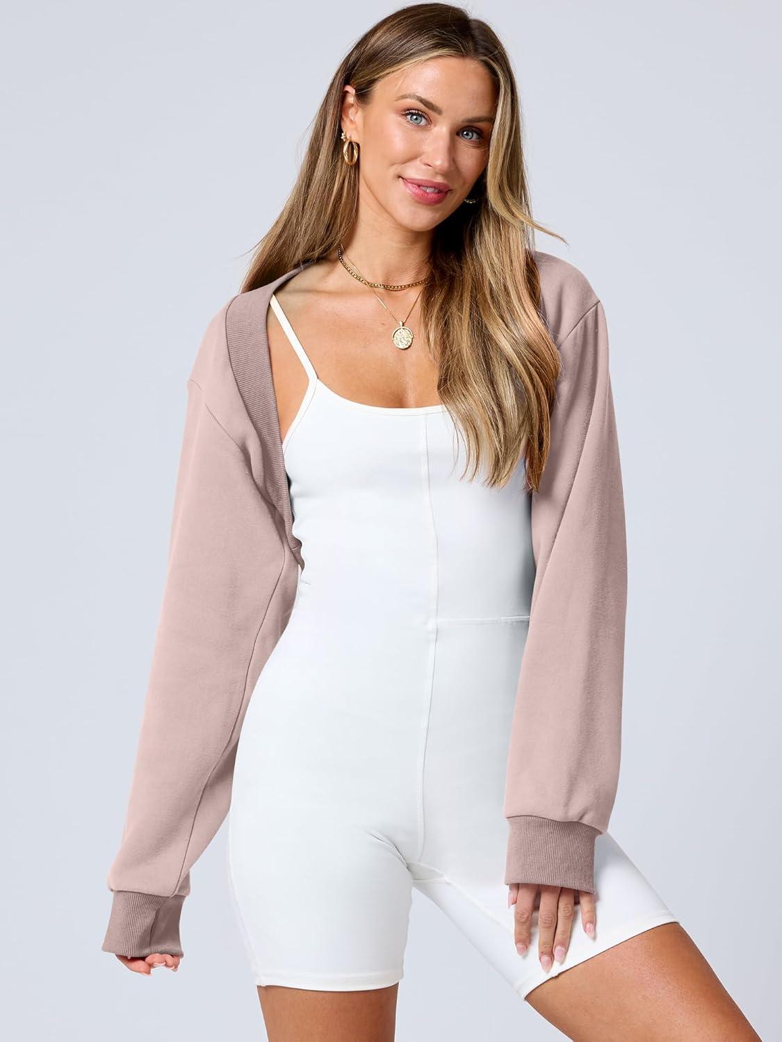 imageANRABESS Womens Cropped Sweatshirt Long Sleeve Bolero Cardigan Open Front Shrug Workout Thumb Hole Y2K Tops Preppy ClothesLight Khaki