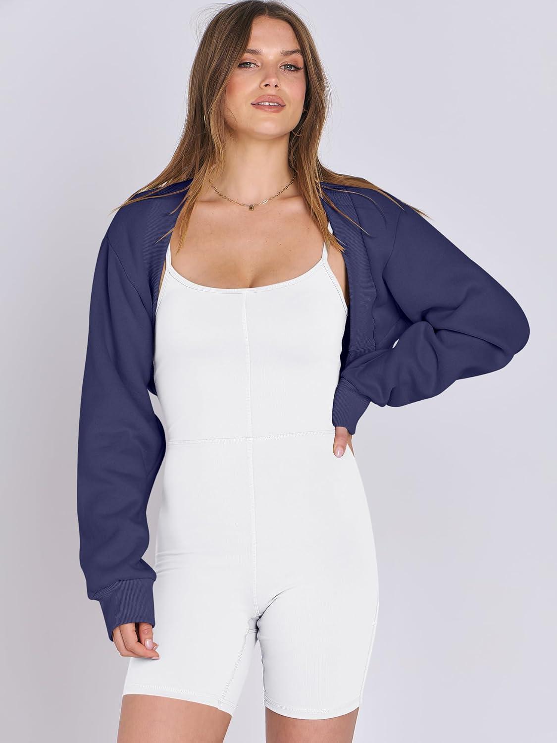 imageANRABESS Womens Cropped Sweatshirt Long Sleeve Bolero Cardigan Open Front Shrug Workout Thumb Hole Y2K Tops Preppy ClothesNavy Blue