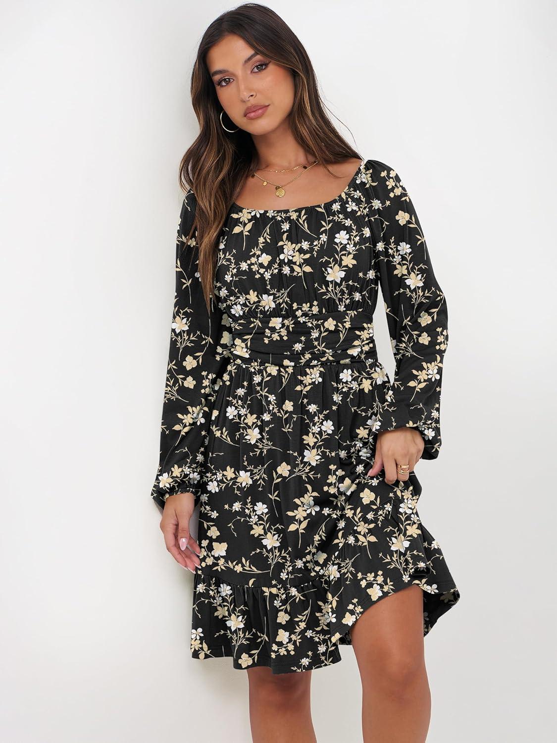 imageANRABESS Womens Dress Long Lantern Sleeve Square Neck Elastic Waist Ruffle Flowy Swing ALine Short Dresses 2025 Fall FashionBlack Floral