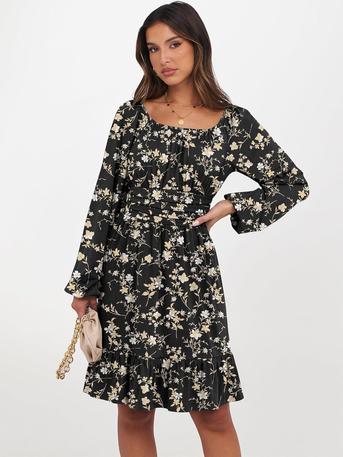 imageANRABESS Womens Dress Long Lantern Sleeve Square Neck Elastic Waist Ruffle Flowy Swing ALine Short Dresses 2025 Fall FashionBlack Floral