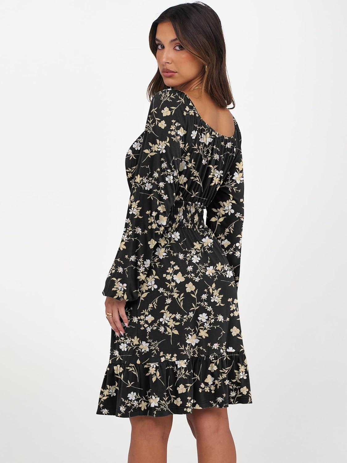 imageANRABESS Womens Dress Long Lantern Sleeve Square Neck Elastic Waist Ruffle Flowy Swing ALine Short Dresses 2025 Fall FashionBlack Floral