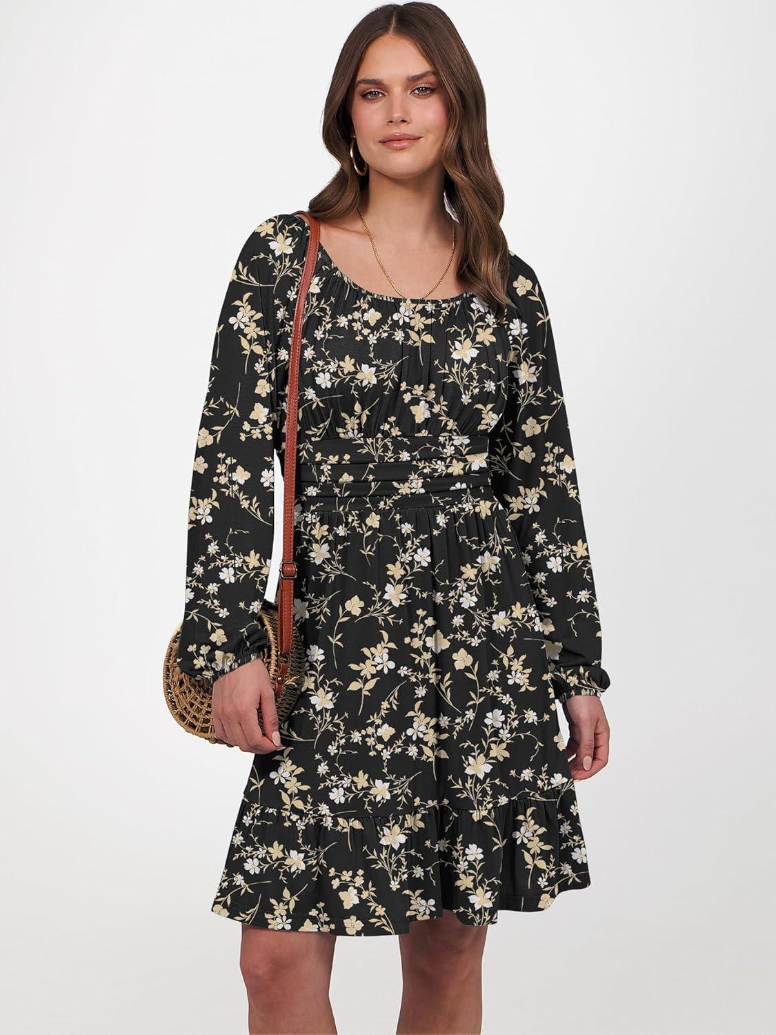 imageANRABESS Womens Dress Long Lantern Sleeve Square Neck Elastic Waist Ruffle Flowy Swing ALine Short Dresses 2025 Fall FashionBlack Floral