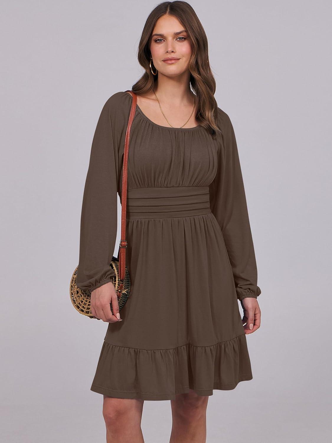 imageANRABESS Womens Dress Long Lantern Sleeve Square Neck Elastic Waist Ruffle Flowy Swing ALine Short Dresses 2025 Fall FashionBrown