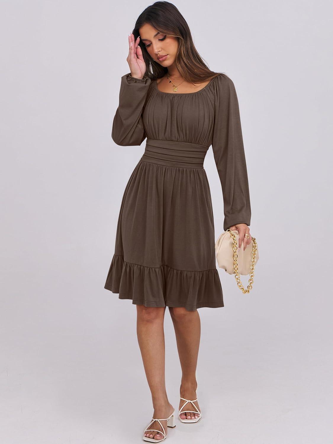 imageANRABESS Womens Dress Long Lantern Sleeve Square Neck Elastic Waist Ruffle Flowy Swing ALine Short Dresses 2025 Fall FashionBrown