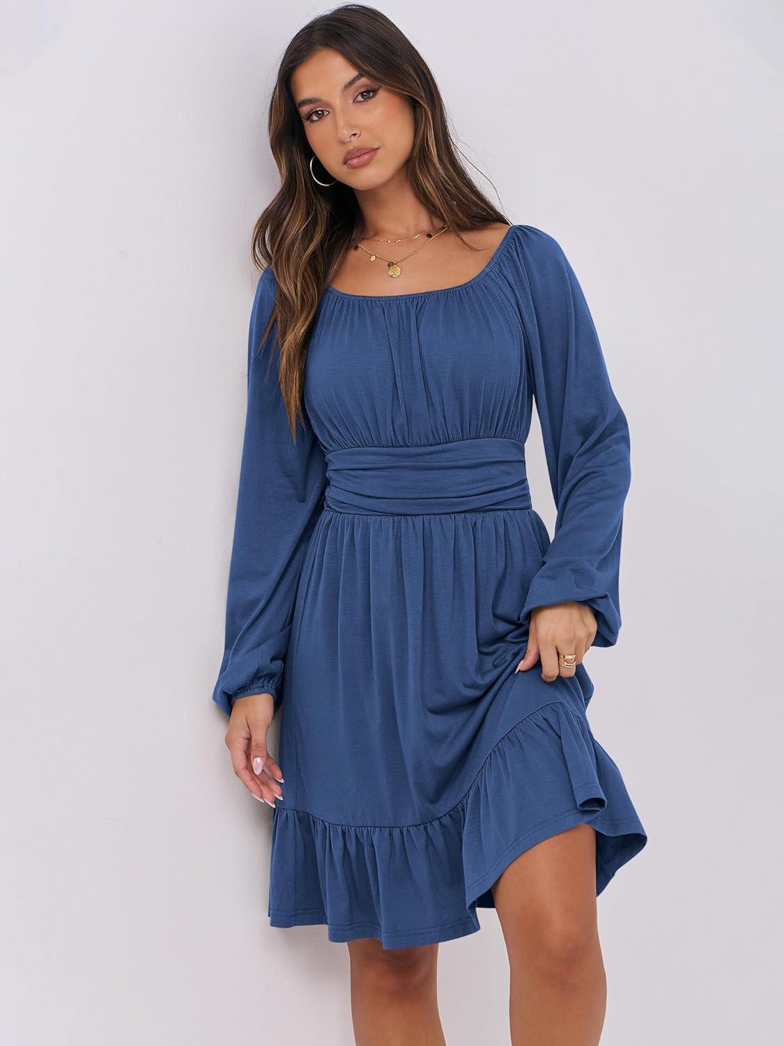 imageANRABESS Womens Dress Long Lantern Sleeve Square Neck Elastic Waist Ruffle Flowy Swing ALine Short Dresses 2025 Fall FashionDark Blue