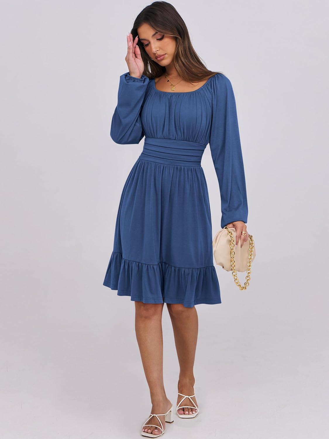 imageANRABESS Womens Dress Long Lantern Sleeve Square Neck Elastic Waist Ruffle Flowy Swing ALine Short Dresses 2025 Fall FashionDark Blue