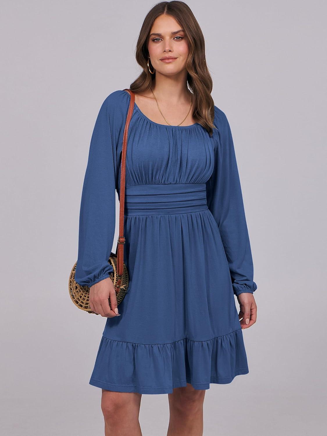 imageANRABESS Womens Dress Long Lantern Sleeve Square Neck Elastic Waist Ruffle Flowy Swing ALine Short Dresses 2025 Fall FashionDark Blue