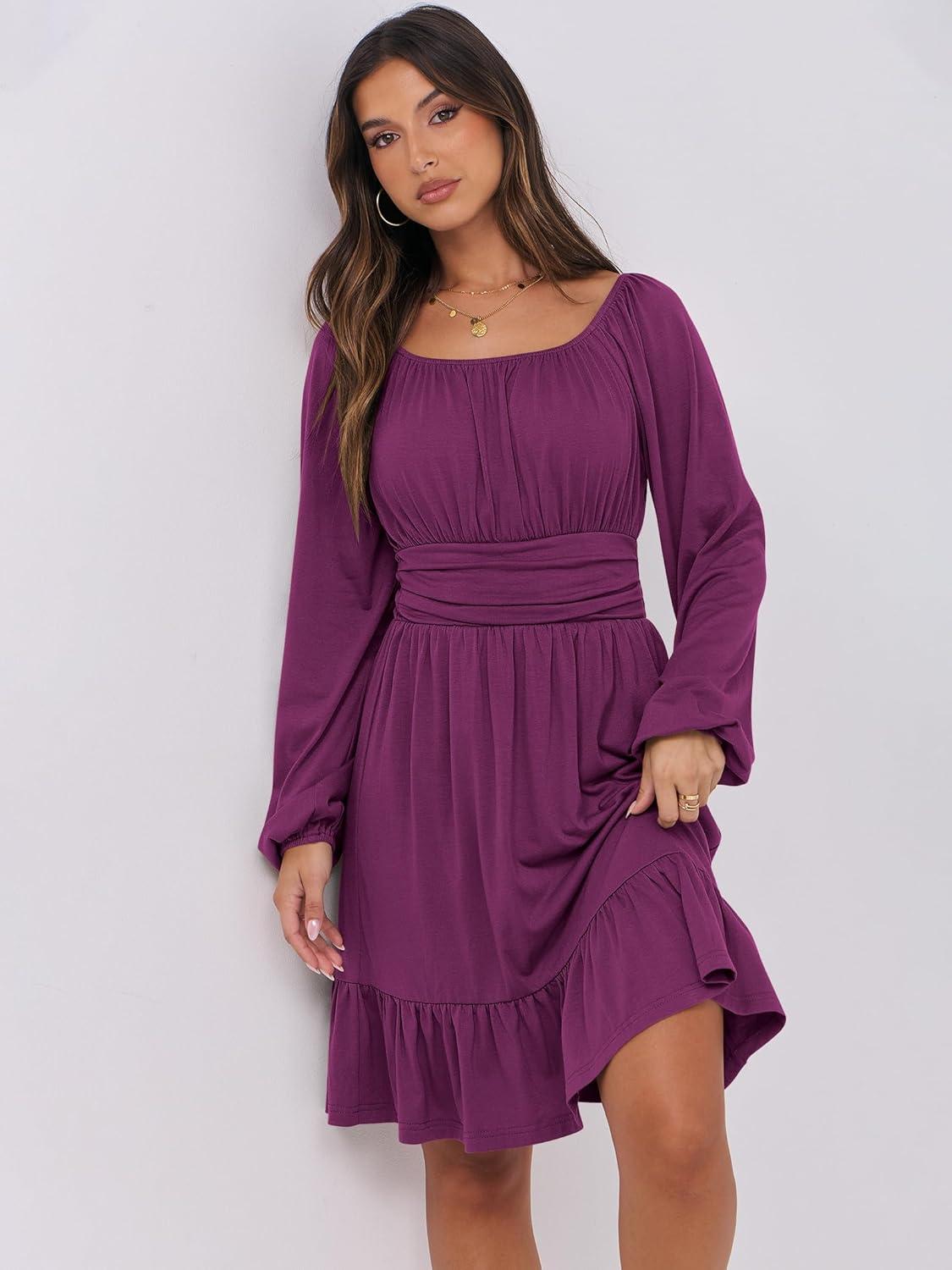 imageANRABESS Womens Dress Long Lantern Sleeve Square Neck Elastic Waist Ruffle Flowy Swing ALine Short Dresses 2025 Fall FashionDeep Purple