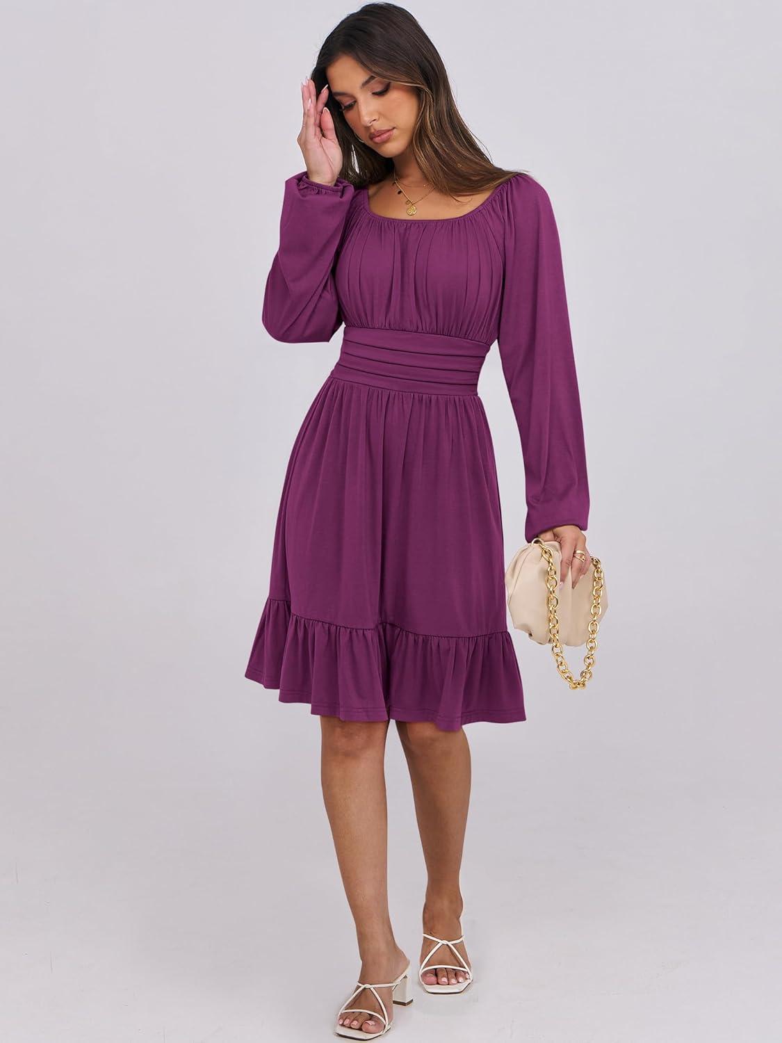 imageANRABESS Womens Dress Long Lantern Sleeve Square Neck Elastic Waist Ruffle Flowy Swing ALine Short Dresses 2025 Fall FashionDeep Purple