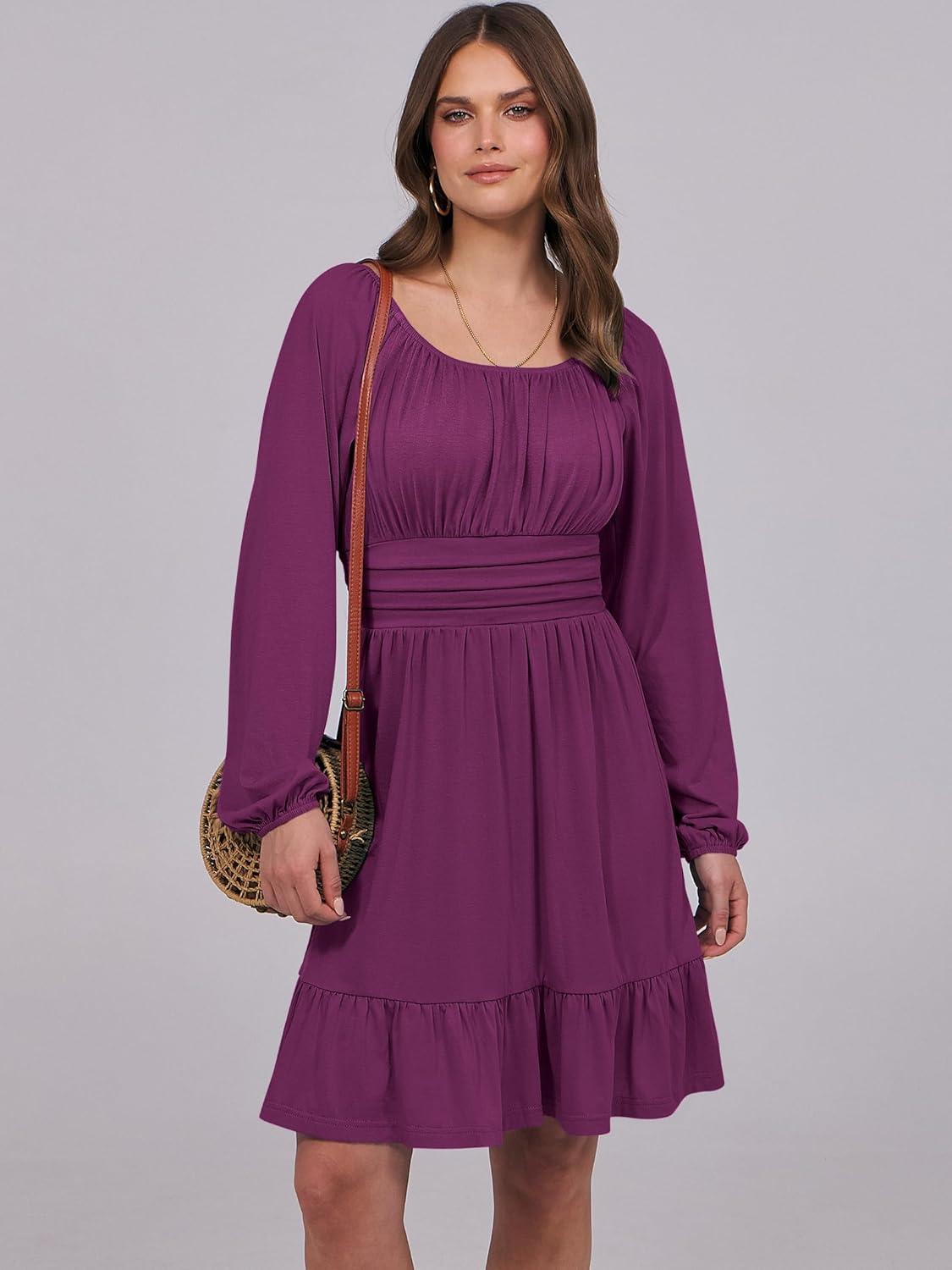 imageANRABESS Womens Dress Long Lantern Sleeve Square Neck Elastic Waist Ruffle Flowy Swing ALine Short Dresses 2025 Fall FashionDeep Purple