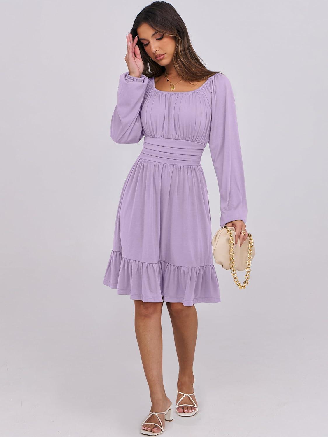 imageANRABESS Womens Dress Long Lantern Sleeve Square Neck Elastic Waist Ruffle Flowy Swing ALine Short Dresses 2025 Fall FashionLight Purple
