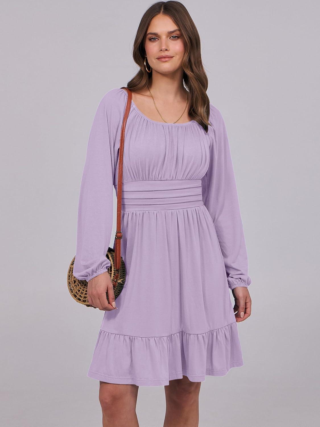 imageANRABESS Womens Dress Long Lantern Sleeve Square Neck Elastic Waist Ruffle Flowy Swing ALine Short Dresses 2025 Fall FashionLight Purple