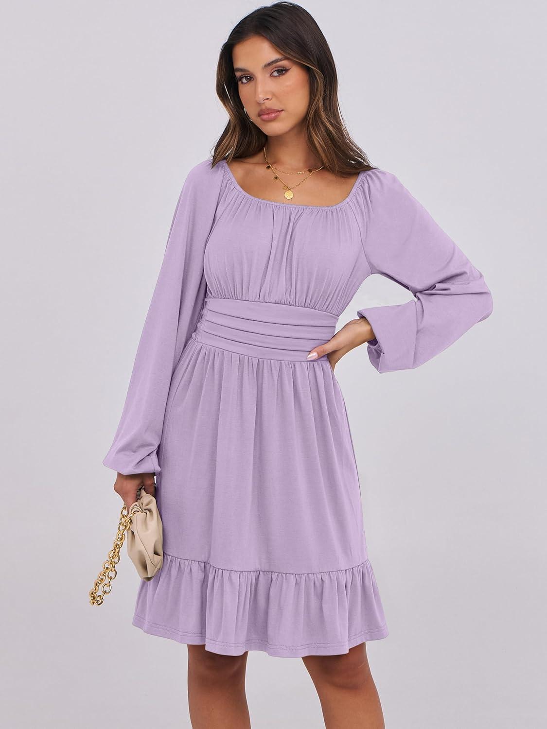 imageANRABESS Womens Dress Long Lantern Sleeve Square Neck Elastic Waist Ruffle Flowy Swing ALine Short Dresses 2025 Fall FashionLight Purple