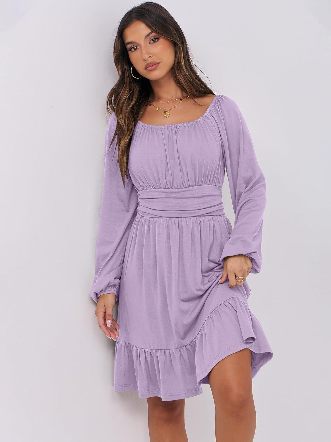 imageANRABESS Womens Dress Long Lantern Sleeve Square Neck Elastic Waist Ruffle Flowy Swing ALine Short Dresses 2025 Fall FashionLight Purple