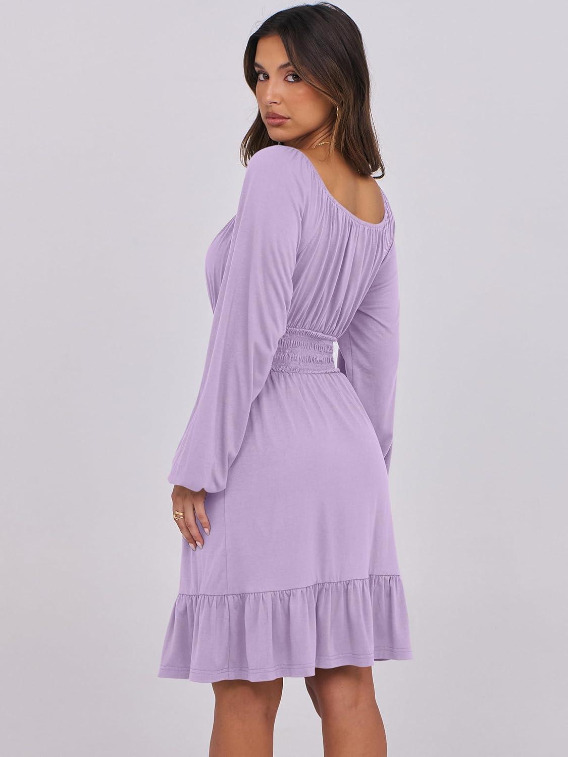 imageANRABESS Womens Dress Long Lantern Sleeve Square Neck Elastic Waist Ruffle Flowy Swing ALine Short Dresses 2025 Fall FashionLight Purple