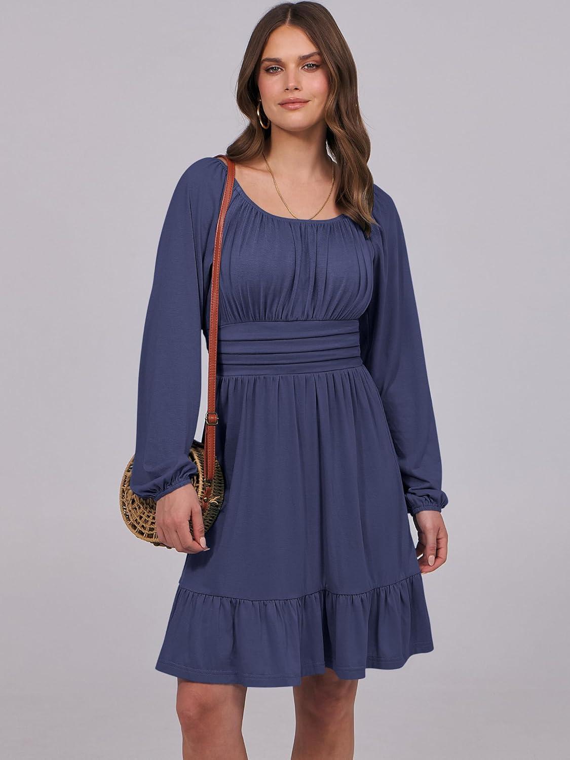 imageANRABESS Womens Dress Long Lantern Sleeve Square Neck Elastic Waist Ruffle Flowy Swing ALine Short Dresses 2025 Fall FashionNavy Blue