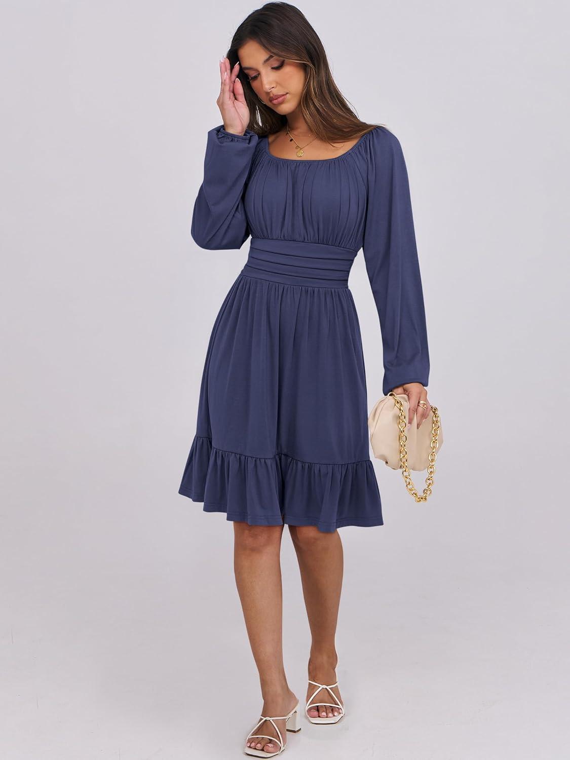 imageANRABESS Womens Dress Long Lantern Sleeve Square Neck Elastic Waist Ruffle Flowy Swing ALine Short Dresses 2025 Fall FashionNavy Blue