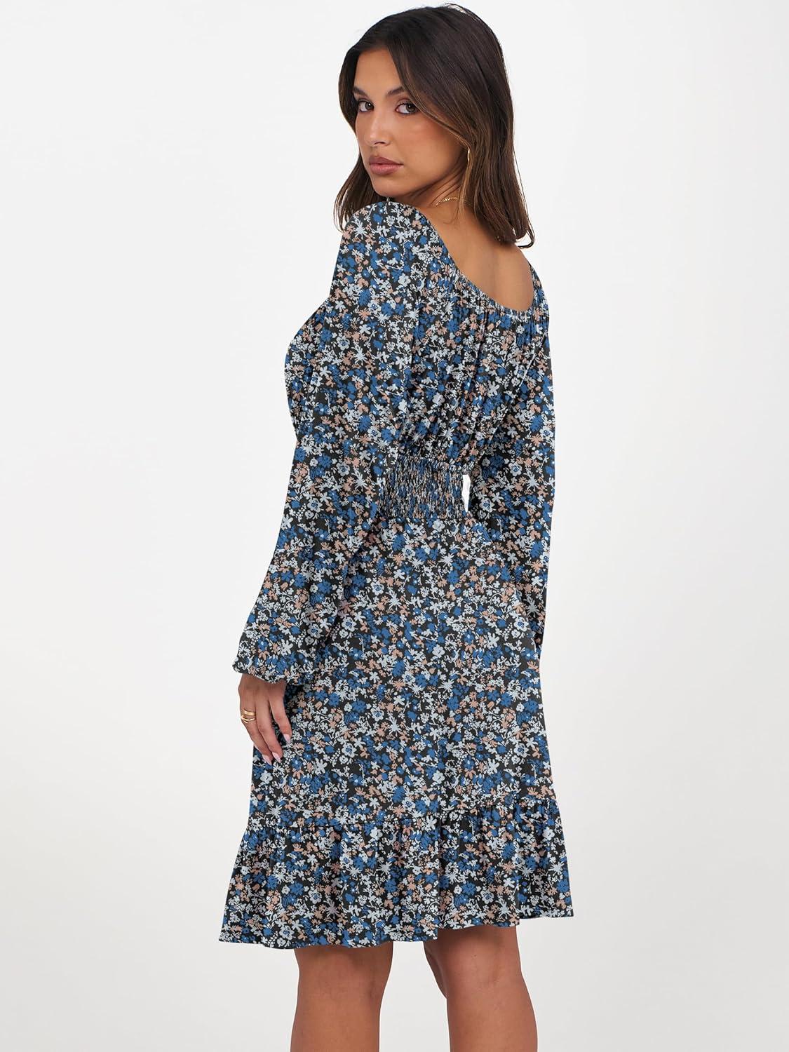 imageANRABESS Womens Dress Long Lantern Sleeve Square Neck Elastic Waist Ruffle Flowy Swing ALine Short Dresses 2025 Fall FashionPrint Blue White