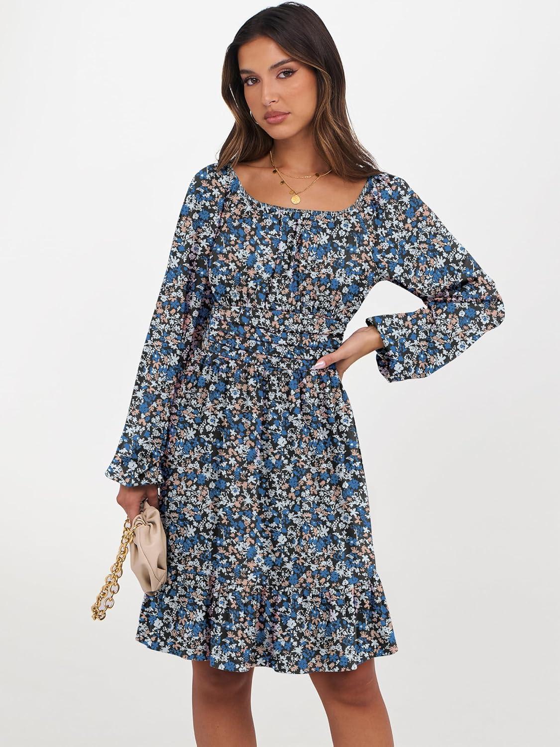 imageANRABESS Womens Dress Long Lantern Sleeve Square Neck Elastic Waist Ruffle Flowy Swing ALine Short Dresses 2025 Fall FashionPrint Blue White