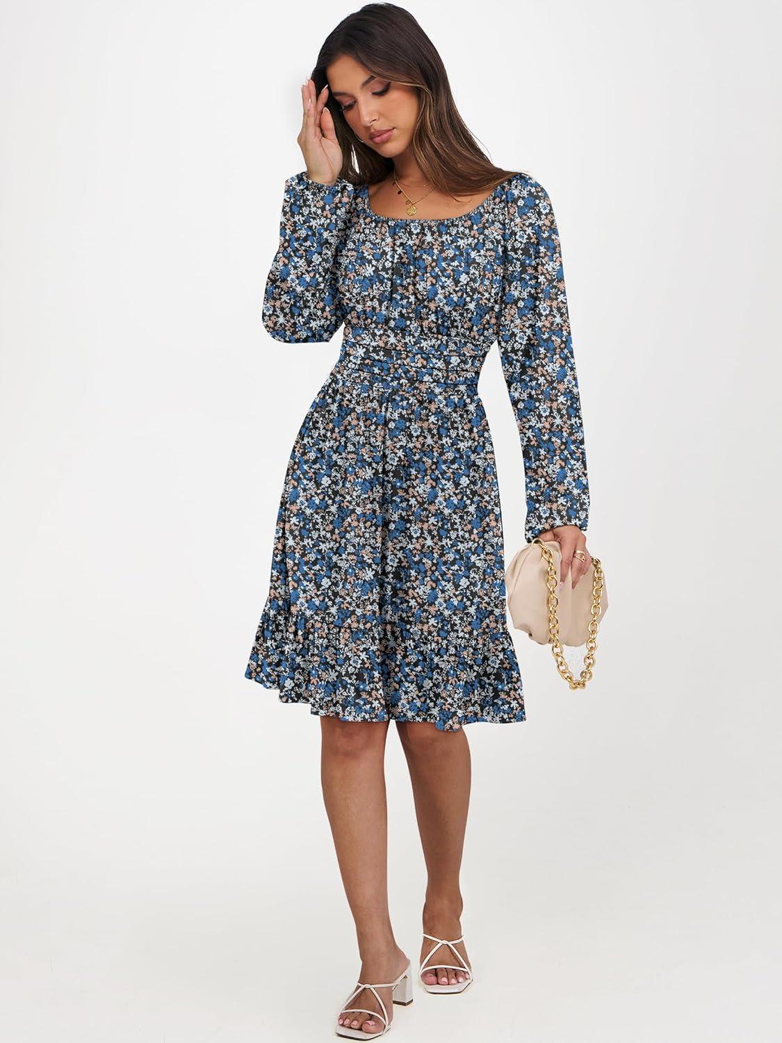 imageANRABESS Womens Dress Long Lantern Sleeve Square Neck Elastic Waist Ruffle Flowy Swing ALine Short Dresses 2025 Fall FashionPrint Blue White