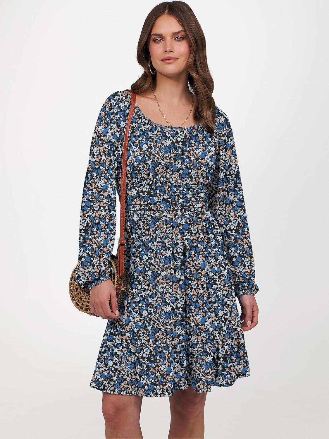 imageANRABESS Womens Dress Long Lantern Sleeve Square Neck Elastic Waist Ruffle Flowy Swing ALine Short Dresses 2025 Fall FashionPrint Blue White