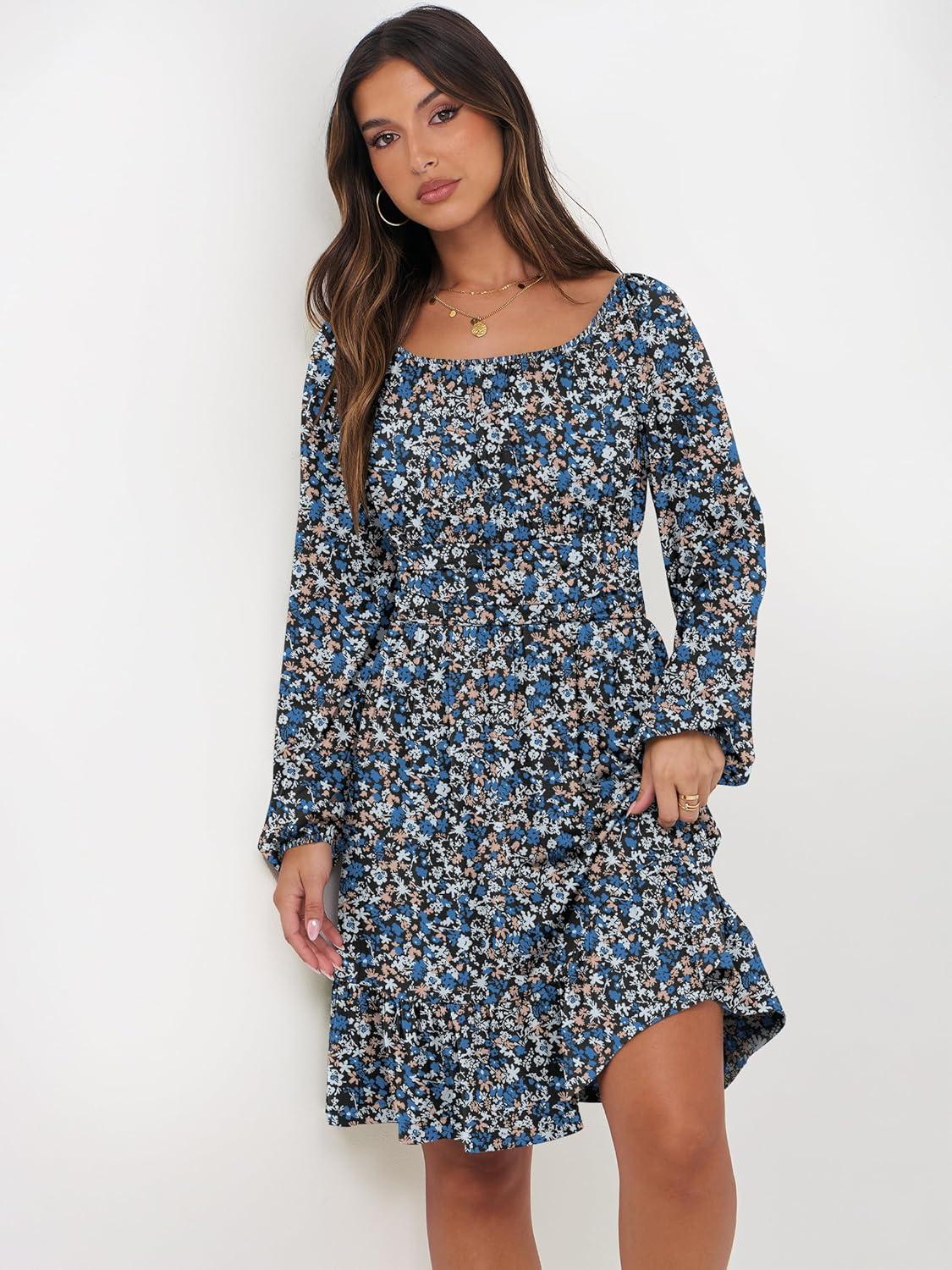 imageANRABESS Womens Dress Long Lantern Sleeve Square Neck Elastic Waist Ruffle Flowy Swing ALine Short Dresses 2025 Fall FashionPrint Blue White