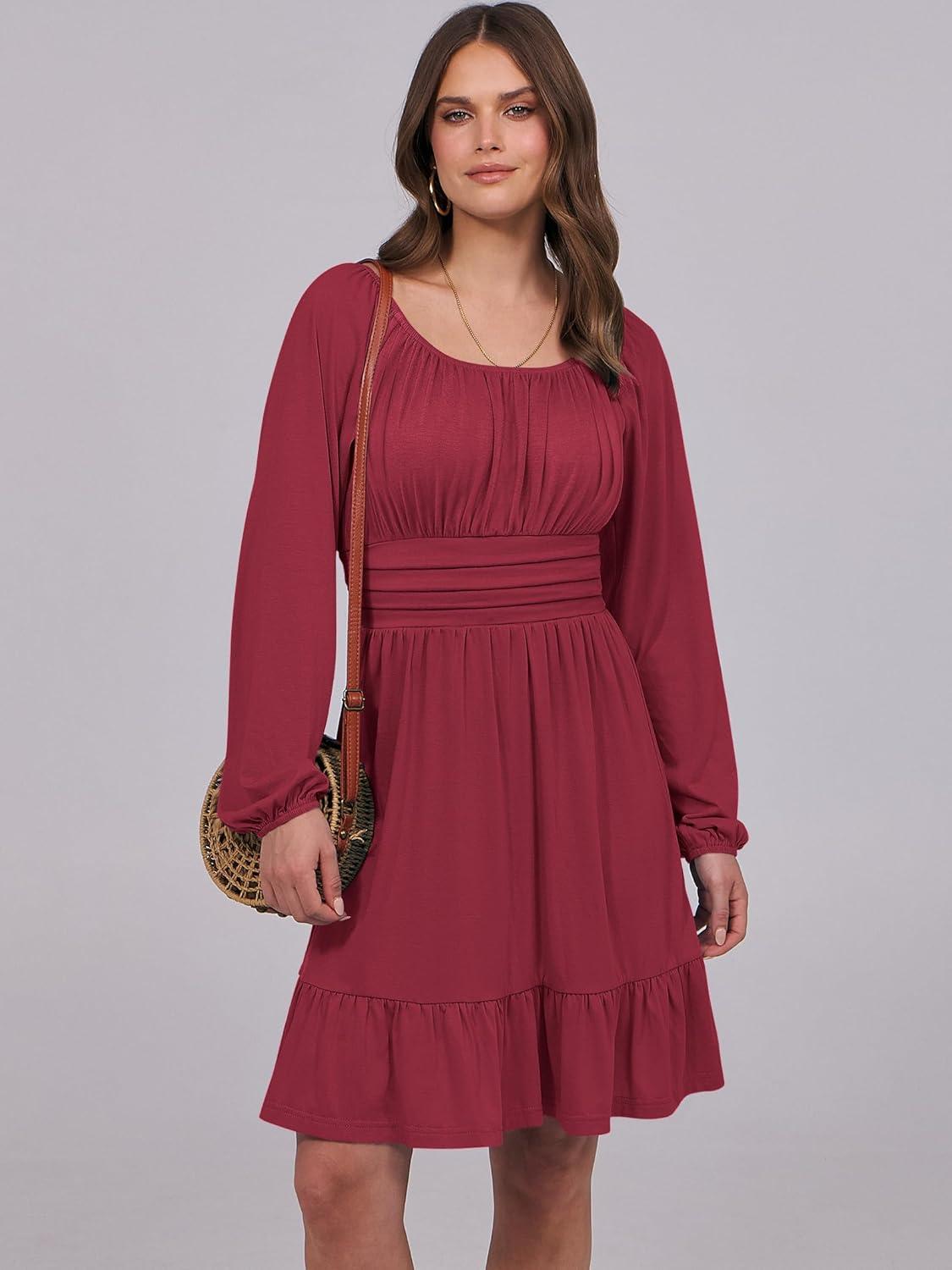 imageANRABESS Womens Dress Long Lantern Sleeve Square Neck Elastic Waist Ruffle Flowy Swing ALine Short Dresses 2025 Fall FashionRed