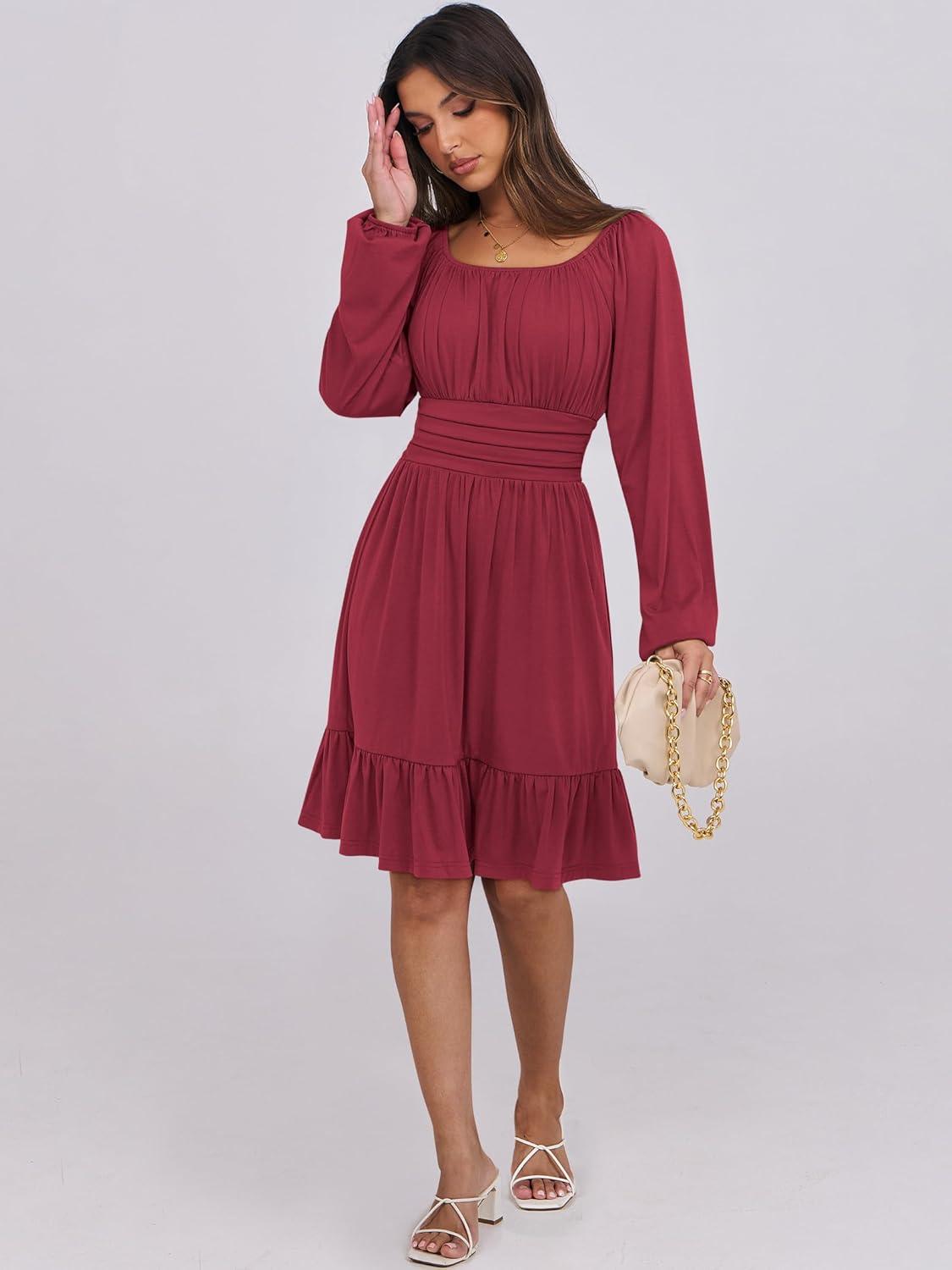 imageANRABESS Womens Dress Long Lantern Sleeve Square Neck Elastic Waist Ruffle Flowy Swing ALine Short Dresses 2025 Fall FashionRed