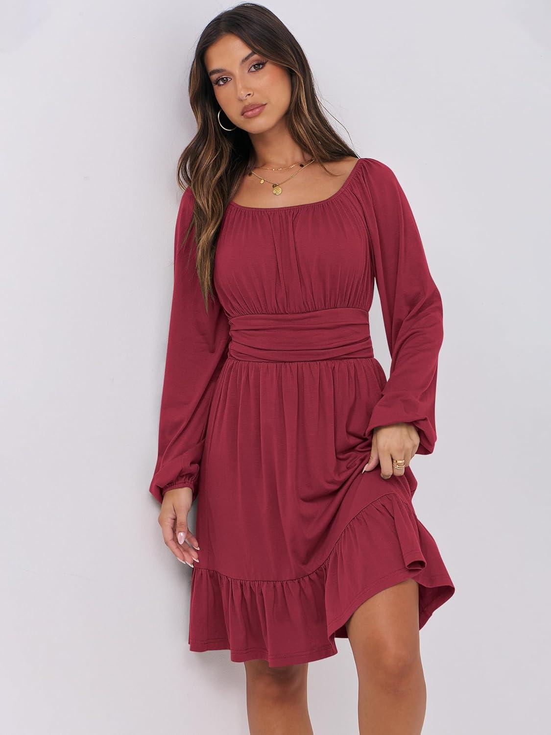 imageANRABESS Womens Dress Long Lantern Sleeve Square Neck Elastic Waist Ruffle Flowy Swing ALine Short Dresses 2025 Fall FashionRed