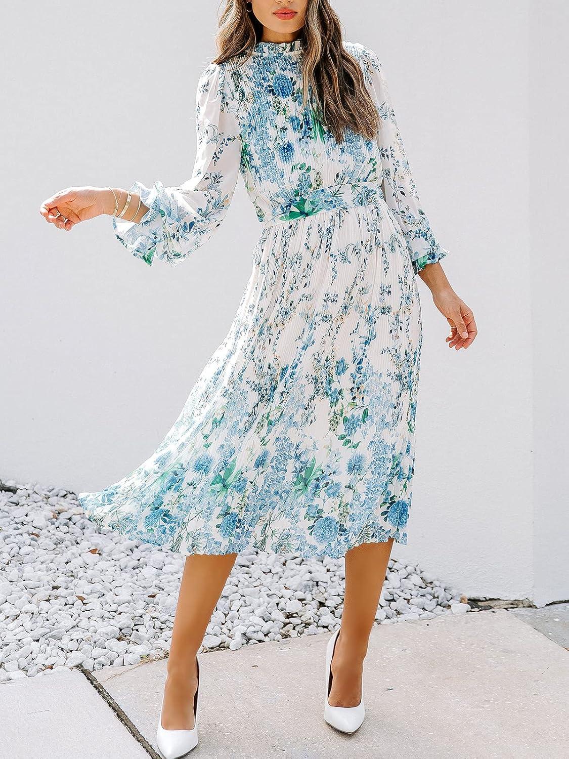 imageANRABESS Womens Floral Chiffon Midi Dress Puff Long Sleeve Mock Neck Summer Wedding Guest Party Dresses Fall 2025 OutfitsFloral Blue