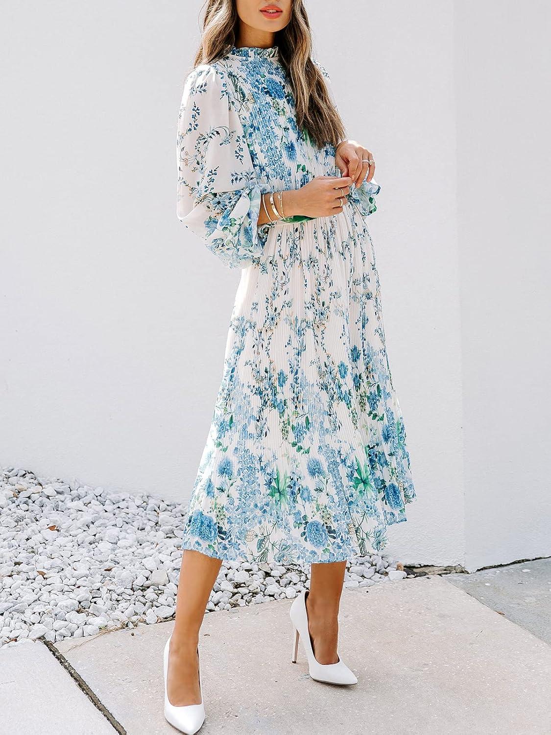 imageANRABESS Womens Floral Chiffon Midi Dress Puff Long Sleeve Mock Neck Summer Wedding Guest Party Dresses Fall 2025 OutfitsFloral Blue