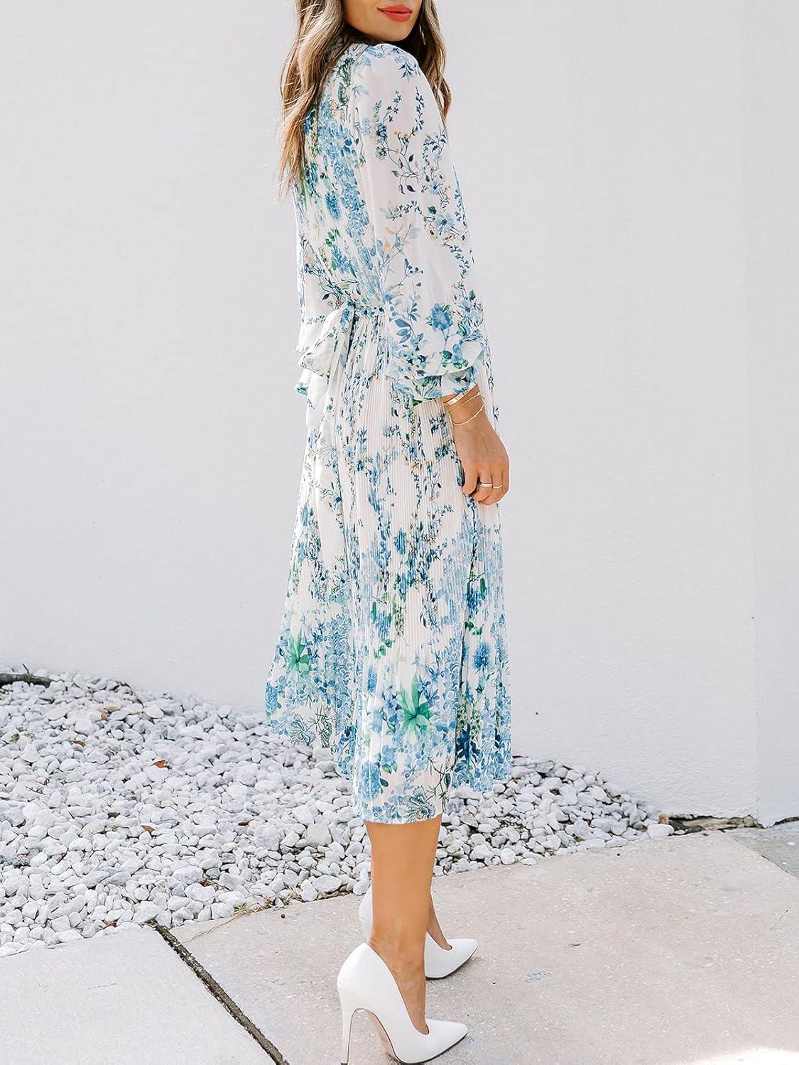 imageANRABESS Womens Floral Chiffon Midi Dress Puff Long Sleeve Mock Neck Summer Wedding Guest Party Dresses Fall 2025 OutfitsFloral Blue