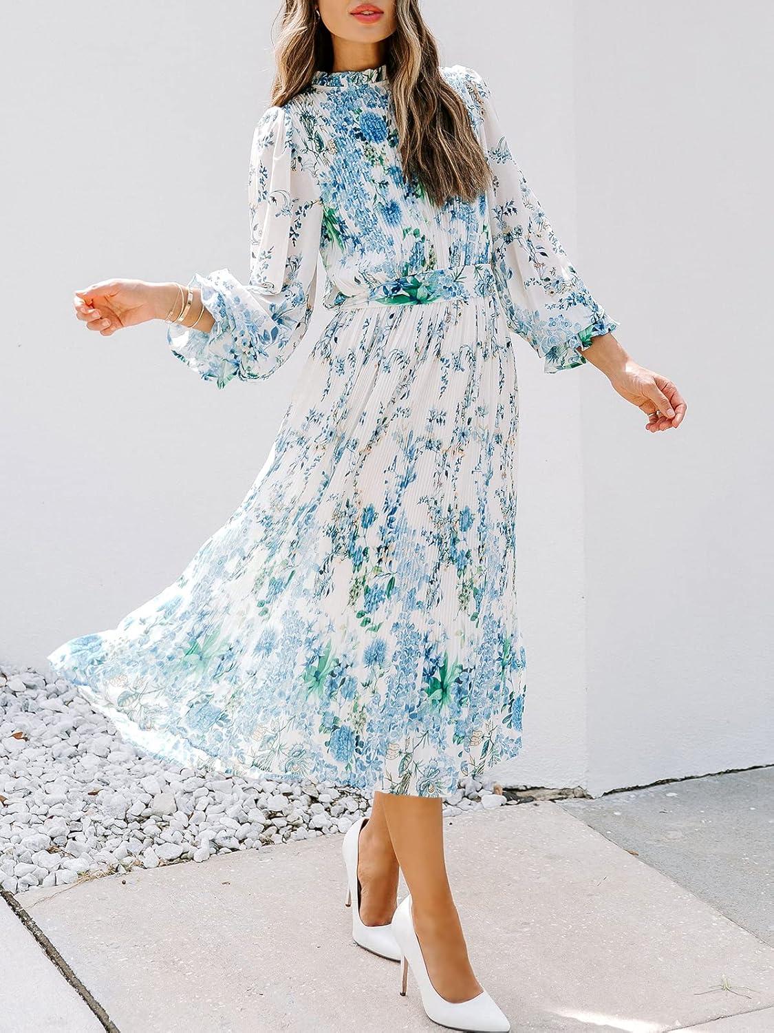imageANRABESS Womens Floral Chiffon Midi Dress Puff Long Sleeve Mock Neck Summer Wedding Guest Party Dresses Fall 2025 OutfitsFloral Blue