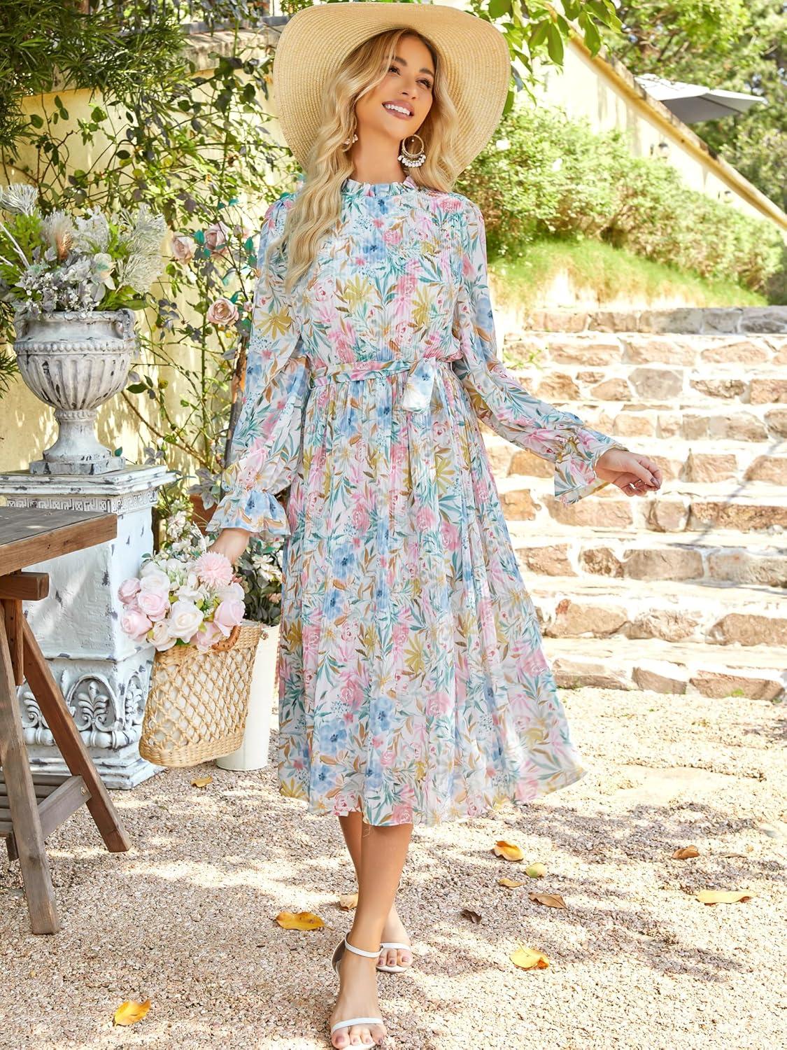 imageANRABESS Womens Floral Chiffon Midi Dress Puff Long Sleeve Mock Neck Summer Wedding Guest Party Dresses Fall 2025 OutfitsFloral Blue Pink