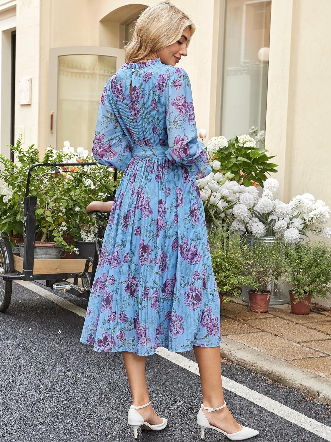 imageANRABESS Womens Floral Chiffon Midi Dress Puff Long Sleeve Mock Neck Summer Wedding Guest Party Dresses Fall 2025 OutfitsFloral Blue Purple