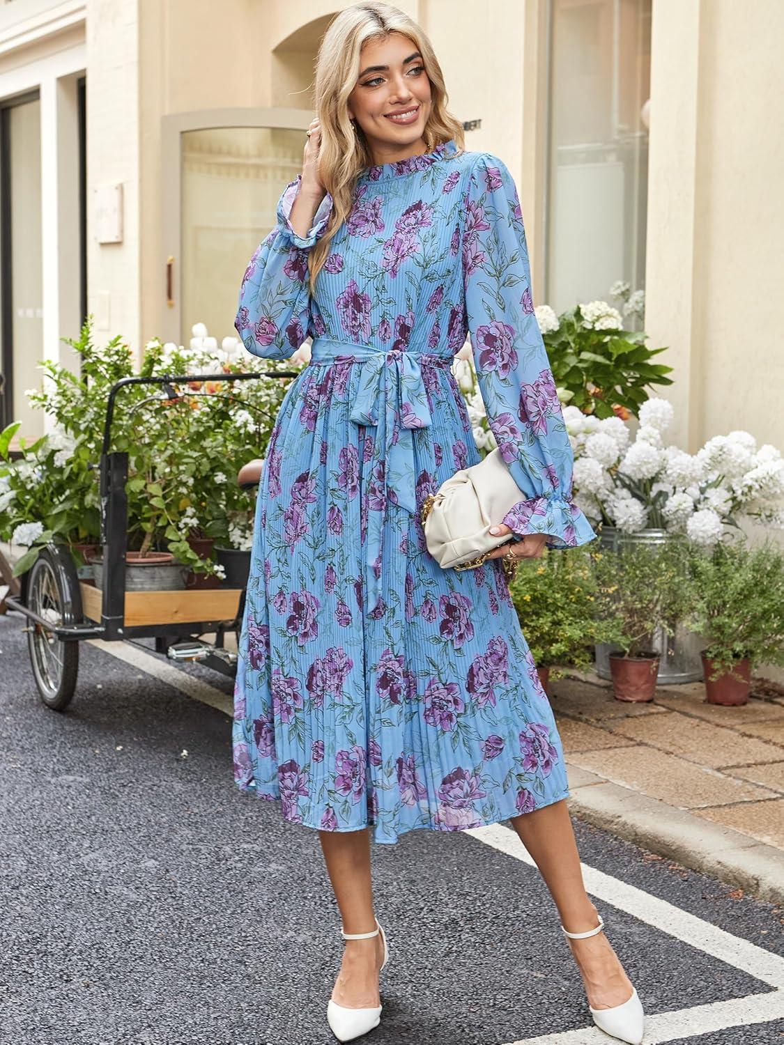 imageANRABESS Womens Floral Chiffon Midi Dress Puff Long Sleeve Mock Neck Summer Wedding Guest Party Dresses Fall 2025 OutfitsFloral Blue Purple