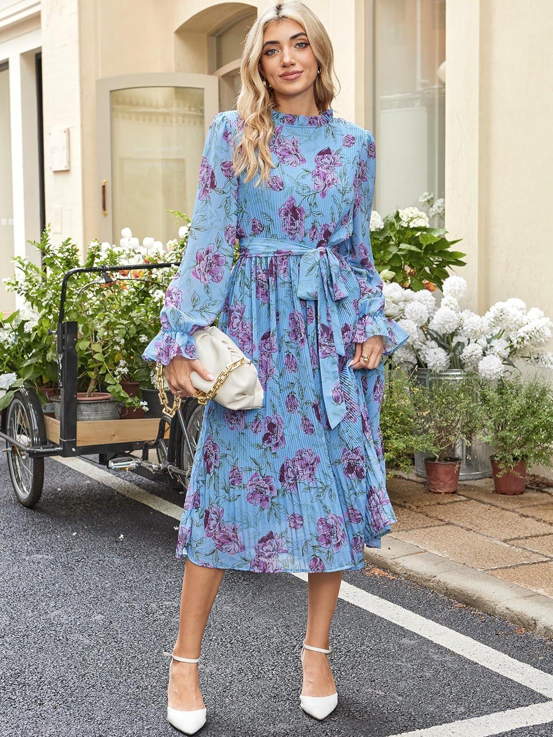 imageANRABESS Womens Floral Chiffon Midi Dress Puff Long Sleeve Mock Neck Summer Wedding Guest Party Dresses Fall 2025 OutfitsFloral Blue Purple