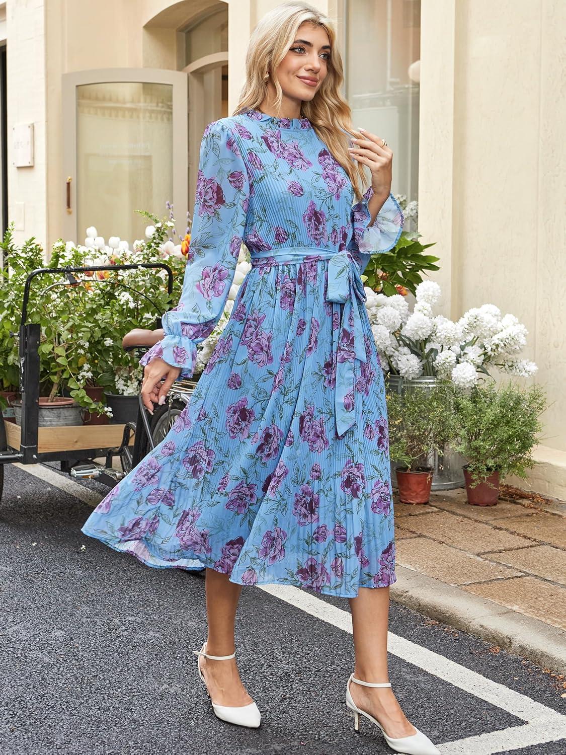 imageANRABESS Womens Floral Chiffon Midi Dress Puff Long Sleeve Mock Neck Summer Wedding Guest Party Dresses Fall 2025 OutfitsFloral Blue Purple