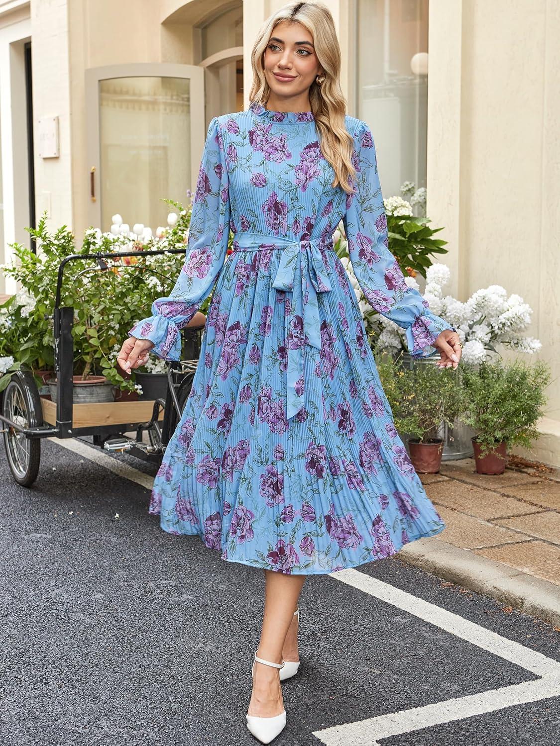 imageANRABESS Womens Floral Chiffon Midi Dress Puff Long Sleeve Mock Neck Summer Wedding Guest Party Dresses Fall 2025 OutfitsFloral Blue Purple