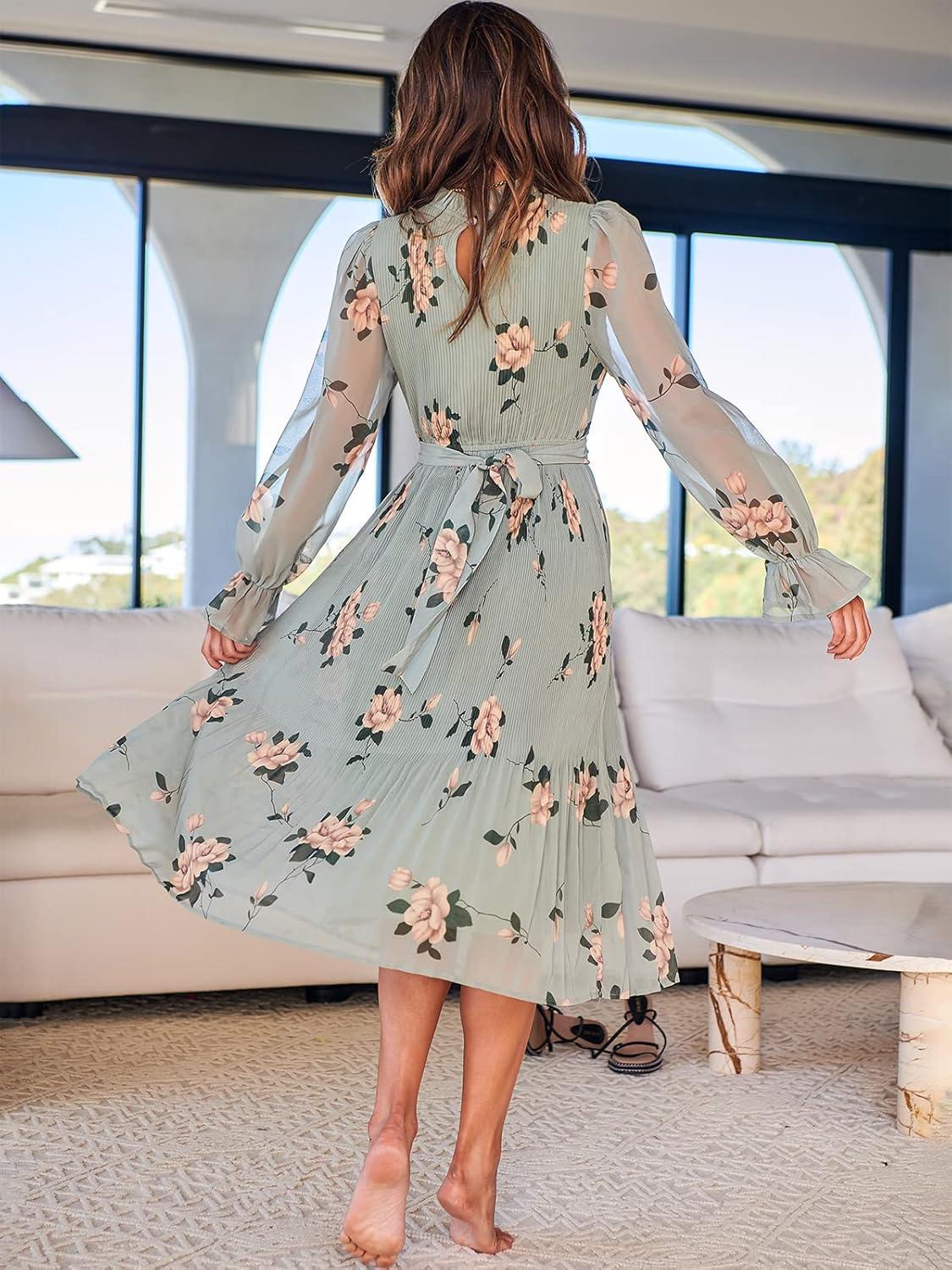 imageANRABESS Womens Floral Chiffon Midi Dress Puff Long Sleeve Mock Neck Summer Wedding Guest Party Dresses Fall 2025 OutfitsFloral Green