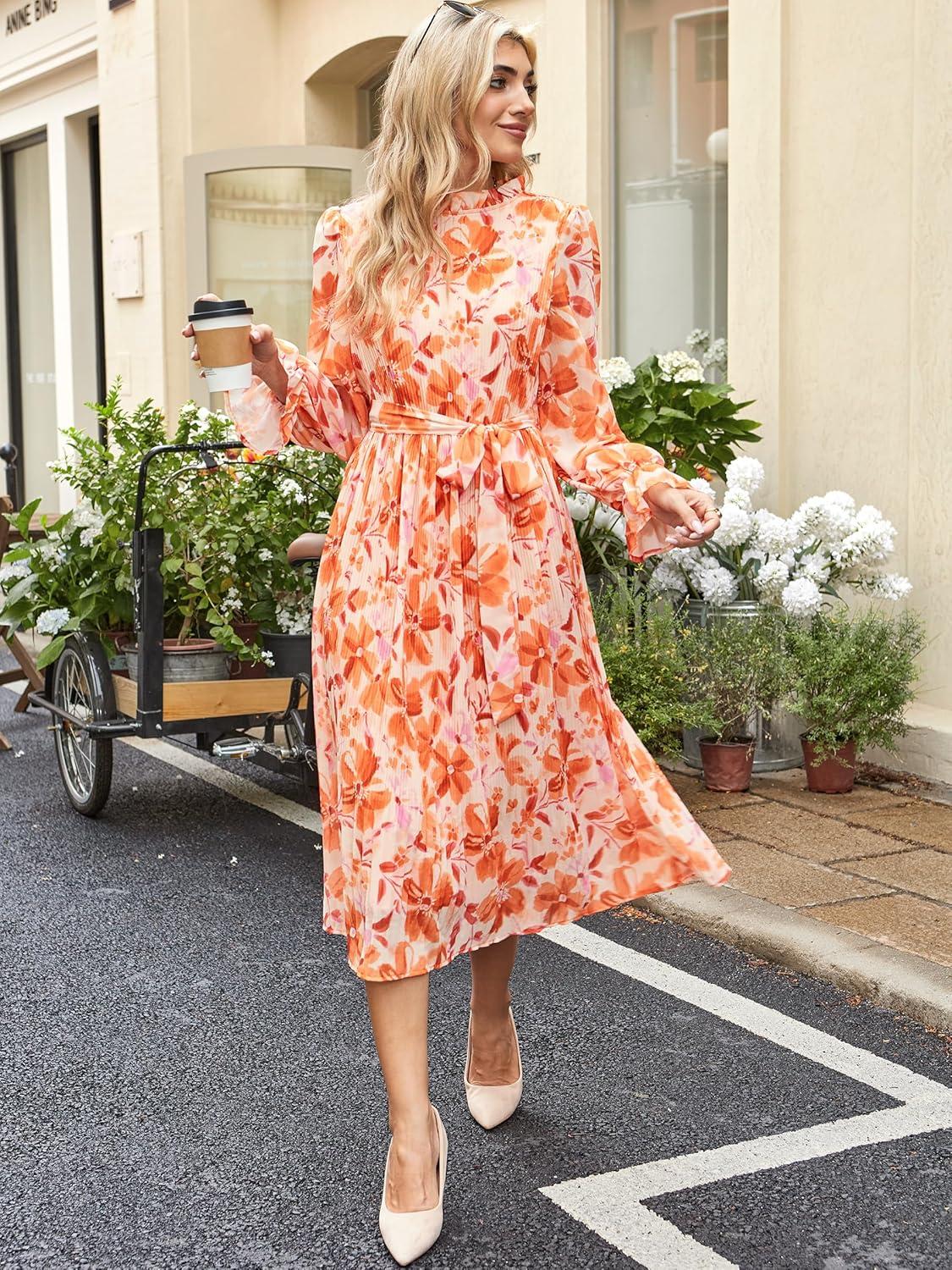 imageANRABESS Womens Floral Chiffon Midi Dress Puff Long Sleeve Mock Neck Summer Wedding Guest Party Dresses Fall 2025 OutfitsFloral Orange