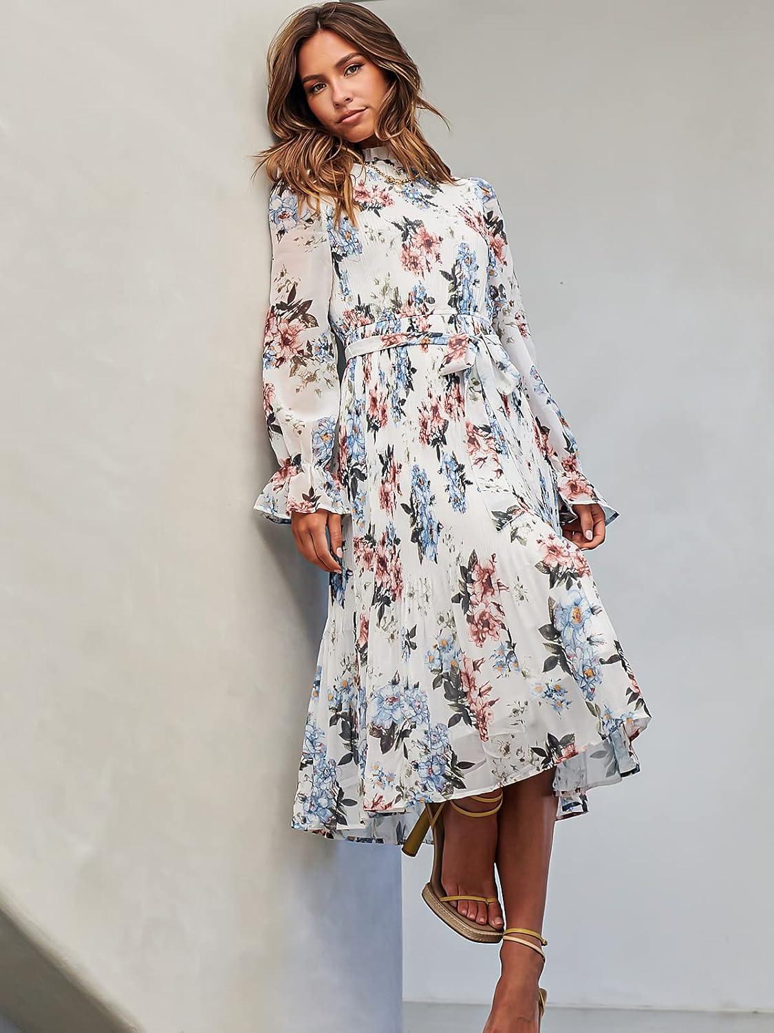 imageANRABESS Womens Floral Chiffon Midi Dress Puff Long Sleeve Mock Neck Summer Wedding Guest Party Dresses Fall 2025 OutfitsFloral White