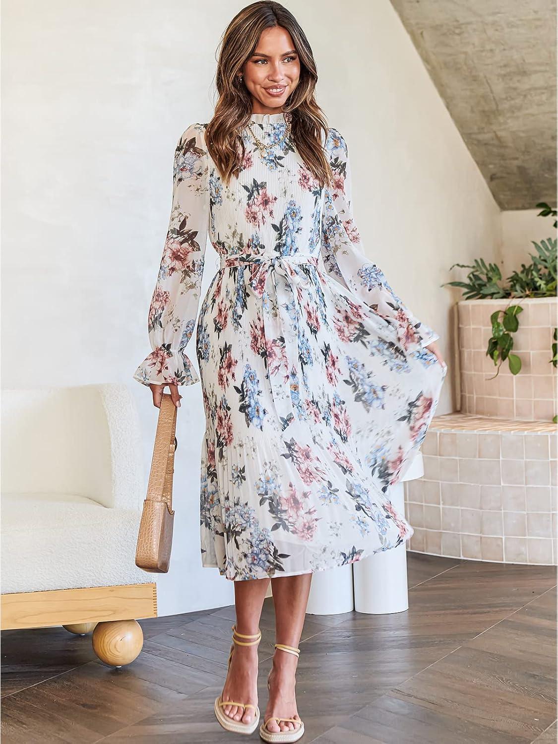 imageANRABESS Womens Floral Chiffon Midi Dress Puff Long Sleeve Mock Neck Summer Wedding Guest Party Dresses Fall 2025 OutfitsFloral White