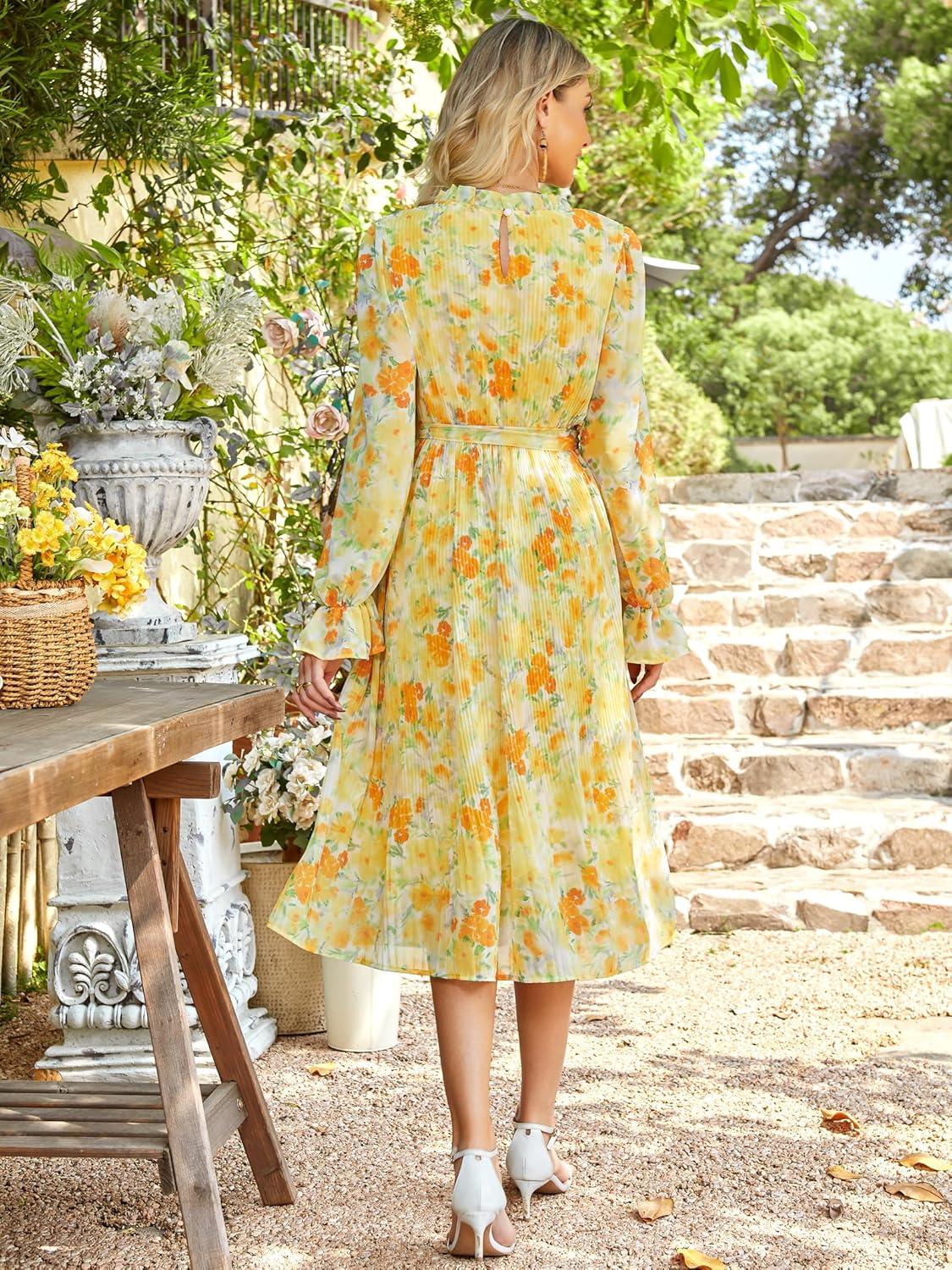 imageANRABESS Womens Floral Chiffon Midi Dress Puff Long Sleeve Mock Neck Summer Wedding Guest Party Dresses Fall 2025 OutfitsFloral Yellow Orange