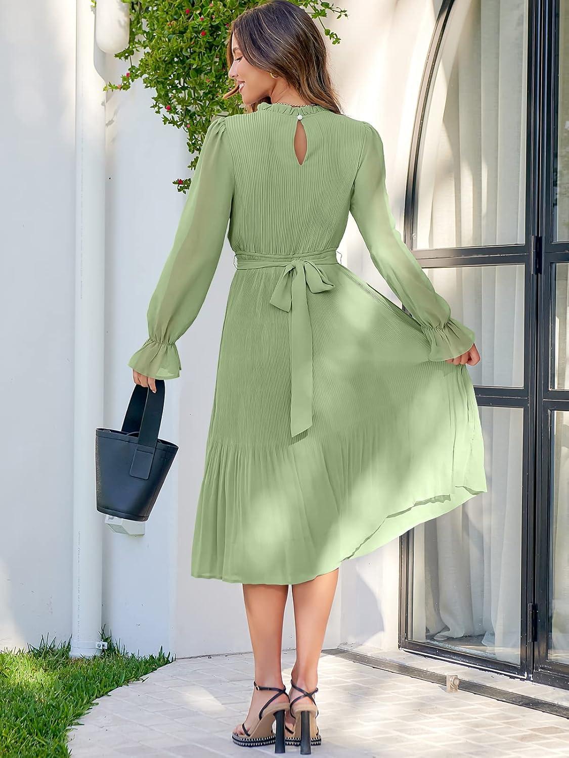 imageANRABESS Womens Floral Chiffon Midi Dress Puff Long Sleeve Mock Neck Summer Wedding Guest Party Dresses Fall 2025 OutfitsGreen