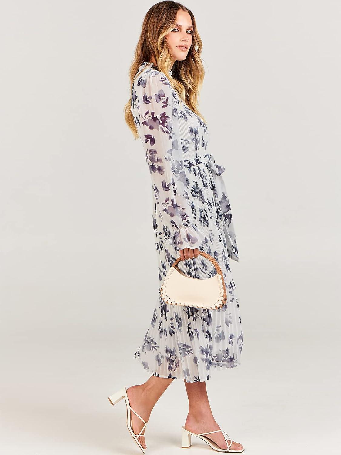 imageANRABESS Womens Floral Chiffon Midi Dress Puff Long Sleeve Mock Neck Summer Wedding Guest Party Dresses Fall 2025 OutfitsLeaf White