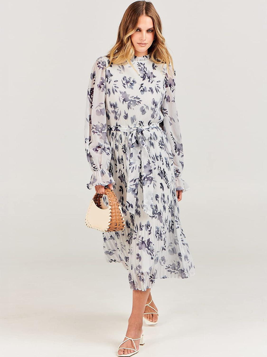 imageANRABESS Womens Floral Chiffon Midi Dress Puff Long Sleeve Mock Neck Summer Wedding Guest Party Dresses Fall 2025 OutfitsLeaf White