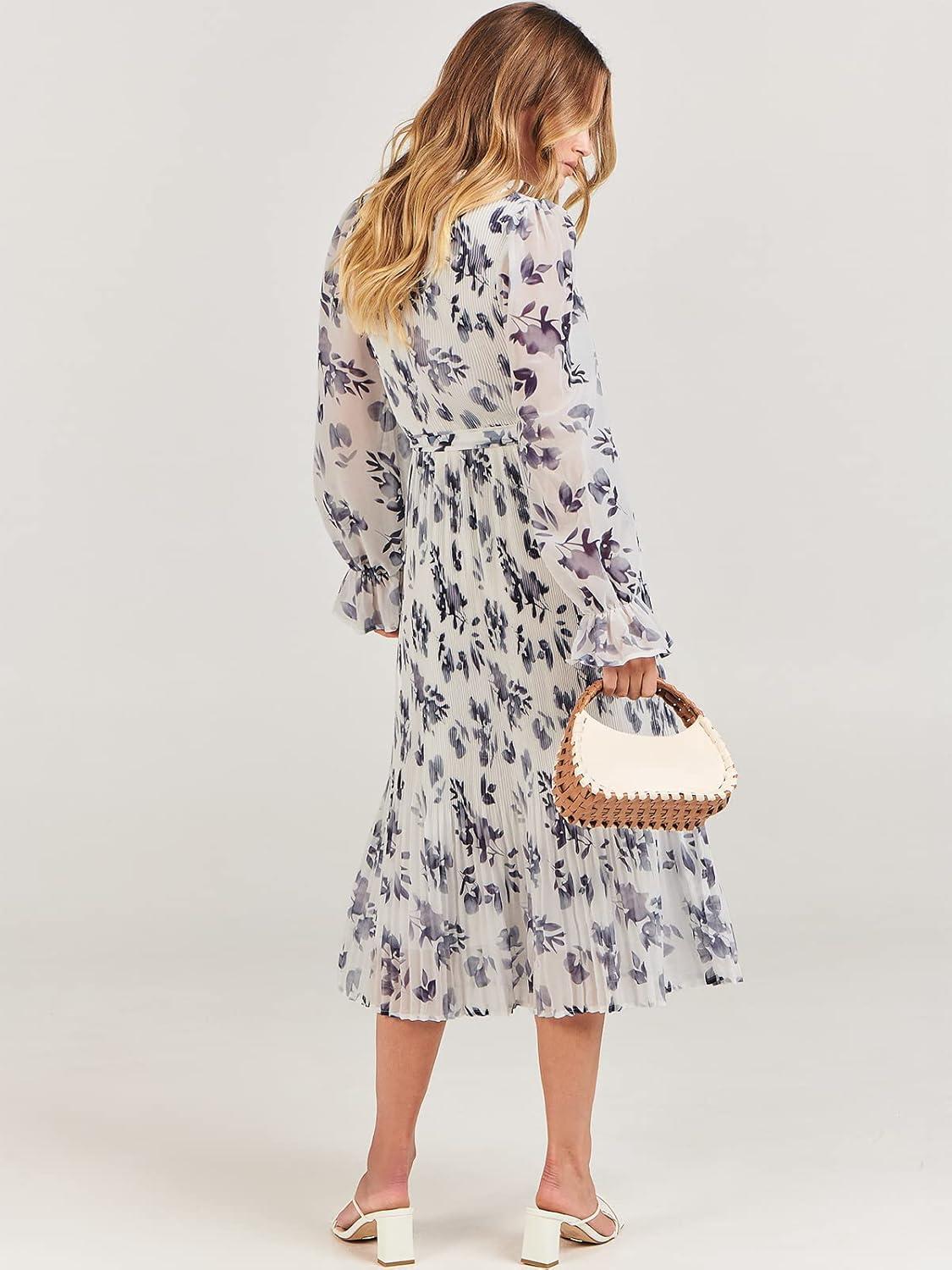 imageANRABESS Womens Floral Chiffon Midi Dress Puff Long Sleeve Mock Neck Summer Wedding Guest Party Dresses Fall 2025 OutfitsLeaf White