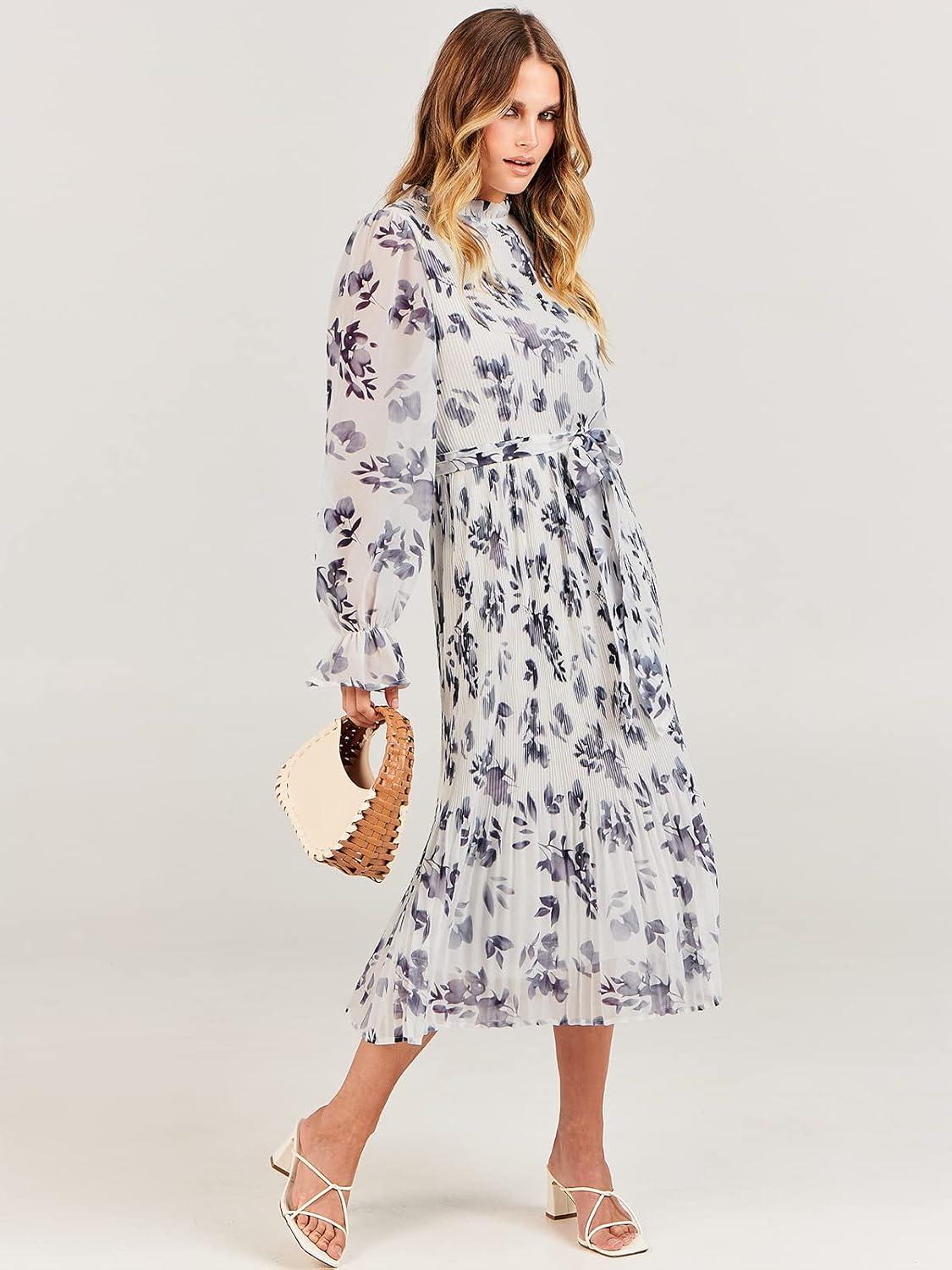imageANRABESS Womens Floral Chiffon Midi Dress Puff Long Sleeve Mock Neck Summer Wedding Guest Party Dresses Fall 2025 OutfitsLeaf White