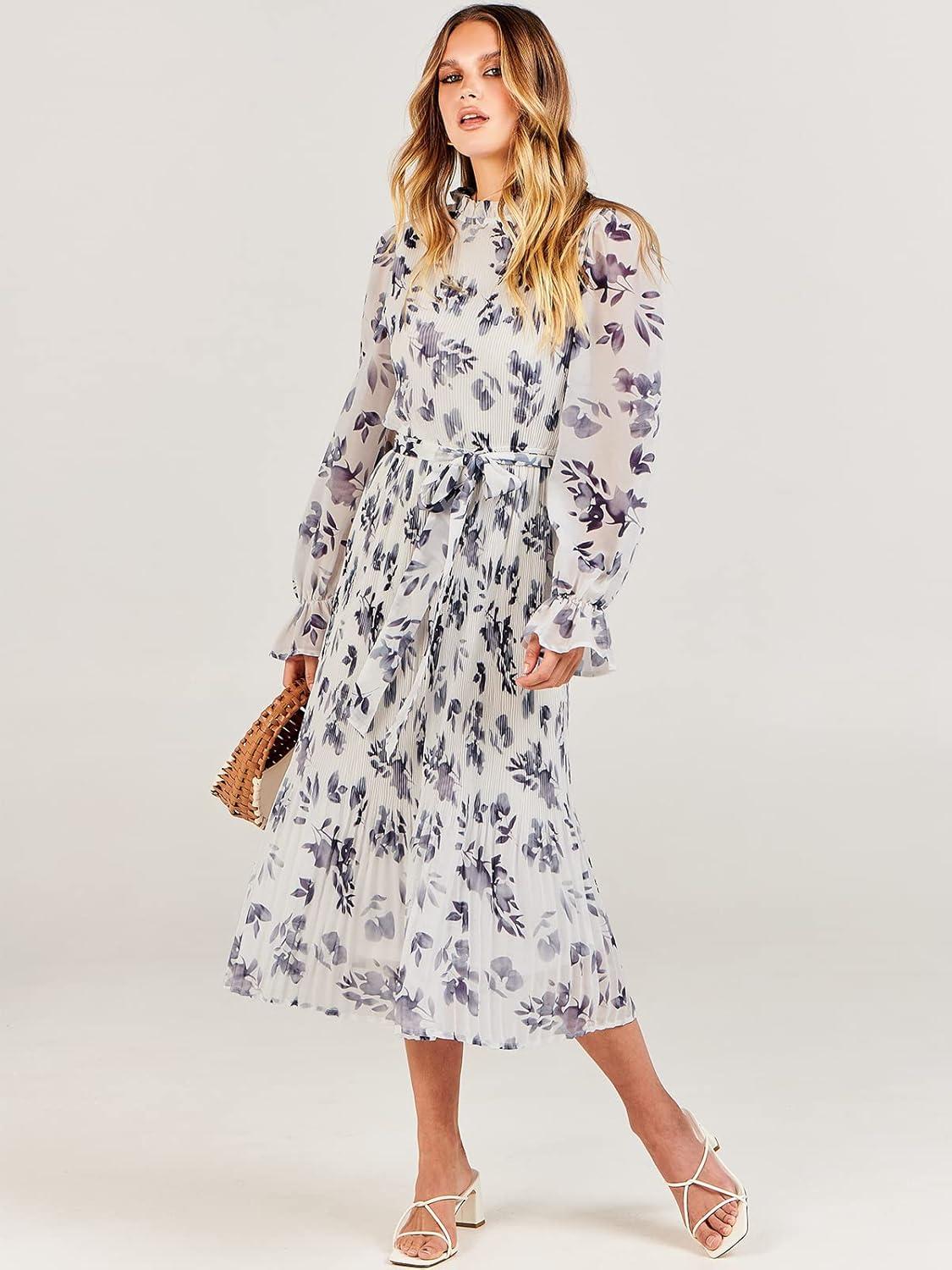 imageANRABESS Womens Floral Chiffon Midi Dress Puff Long Sleeve Mock Neck Summer Wedding Guest Party Dresses Fall 2025 OutfitsLeaf White